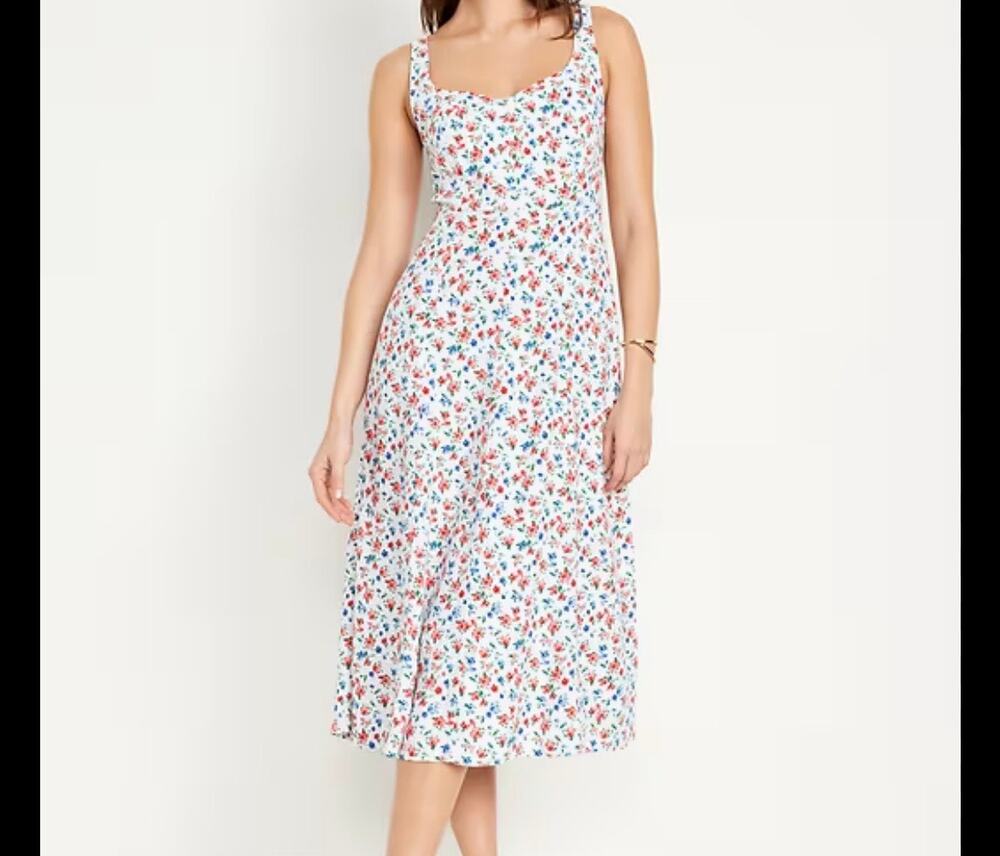Old Navy Fit &‎ Flare Linen-Blend Midi Dress Americana Floral Smocked Womens XLP